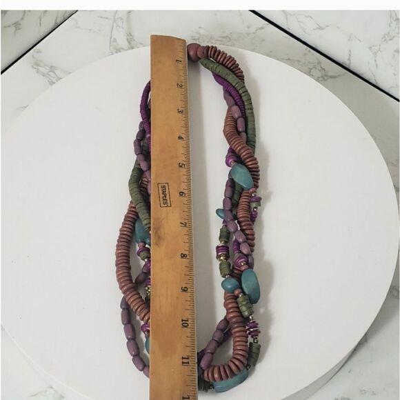 TWISTED WOODED BEAD Multi-Strand Necklace Muted Jewel Tones - Picture 7 of 9
